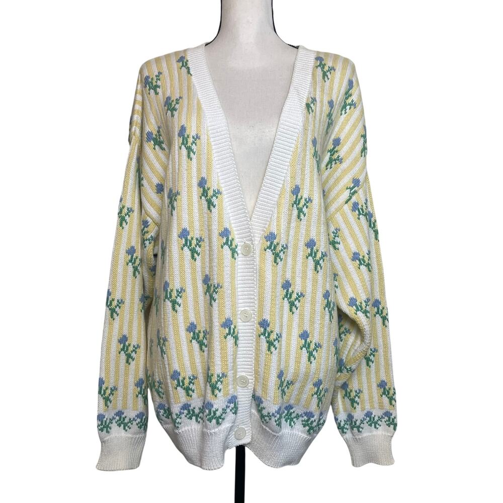 90s Eddie Bauer 100% Cotton Cardigan Sweater Sz XL Yellow Stripes Blue Floral